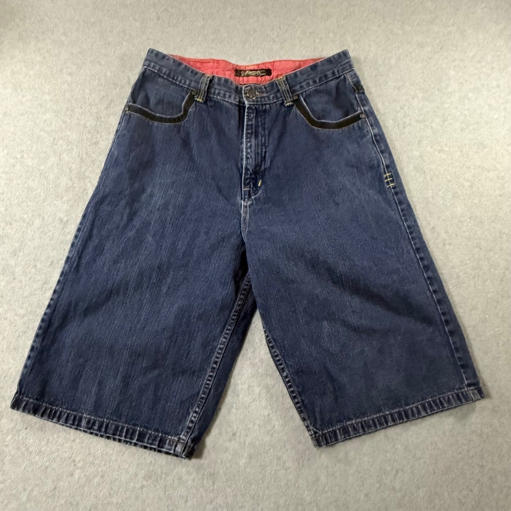 Brooklyn Express Mens Baggy Denim Shorts Blue Y2K Embroidered Wide Leg Size 38
